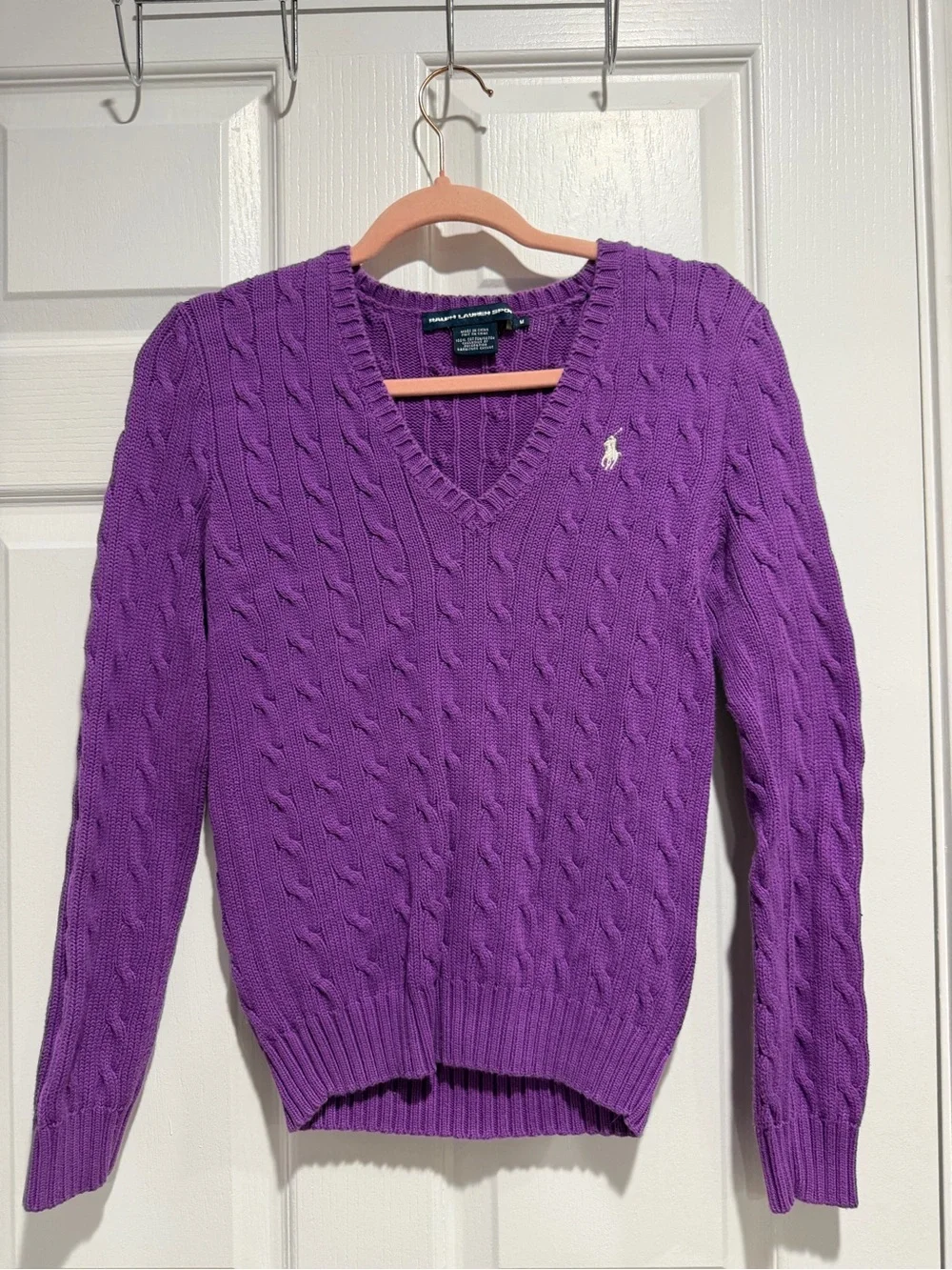 Ralph Lauren Purple Cable Knit V-Neck Sweater with Polo Logo